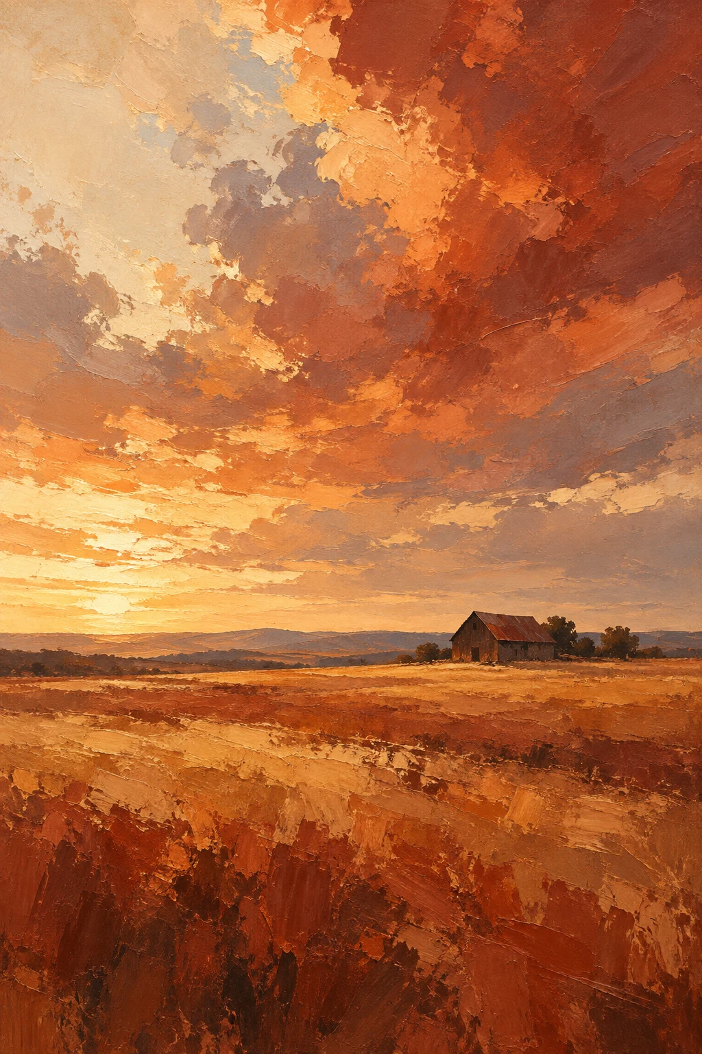 A lone barn far off in a wide field in rust, yellow, terracotta, ochre; portrait artwork.