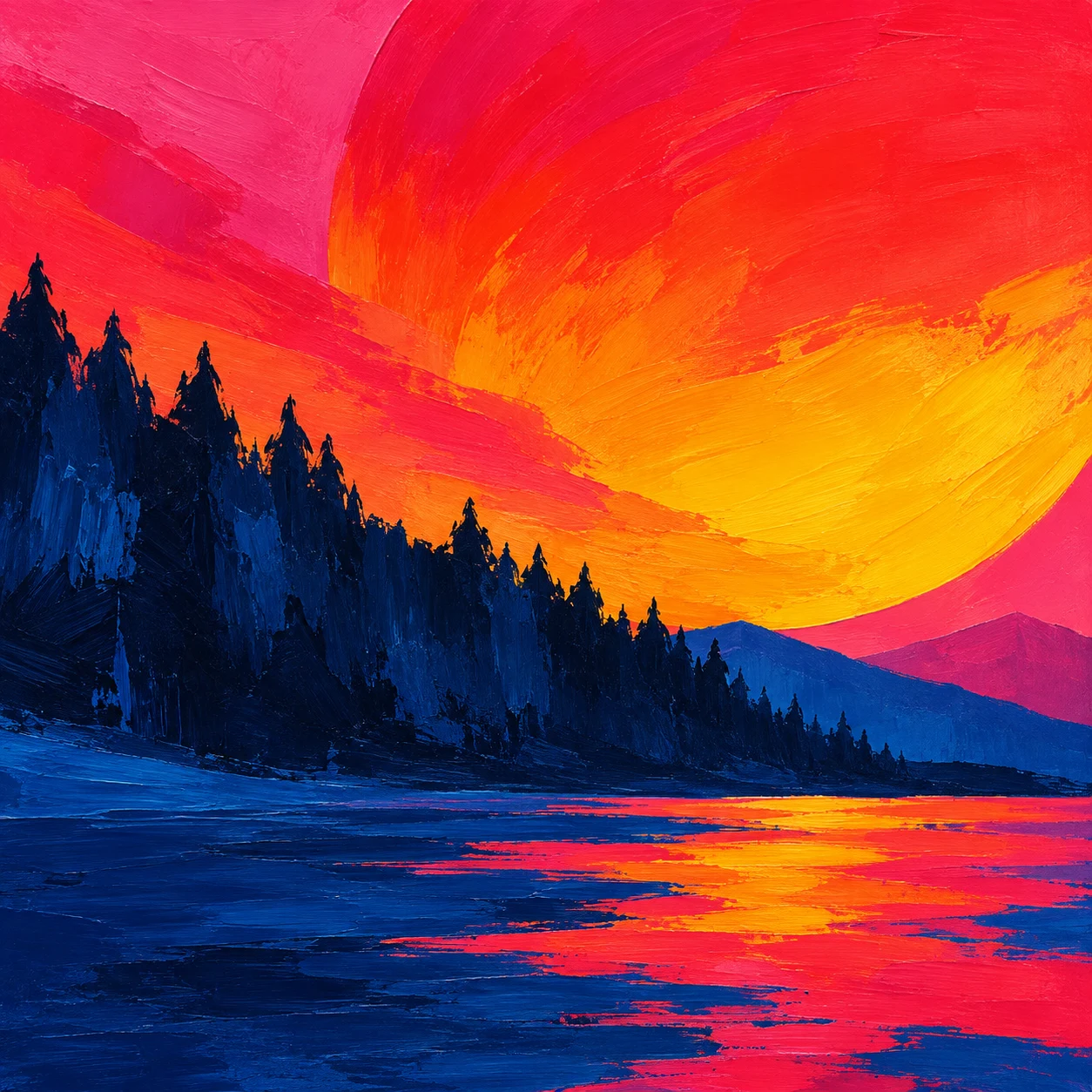 A dark tree line under a burning sky in red, black, orange, navy; square artwork.