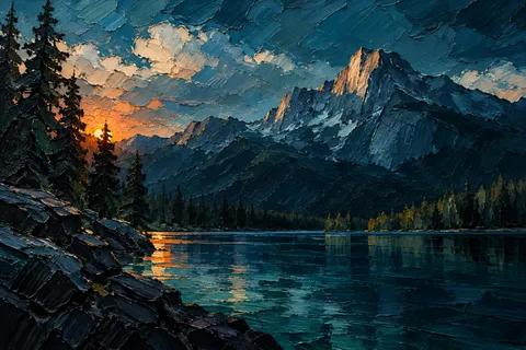 A meadow below a granite peak in black, navy, teal, taupe; landscape artwork.
