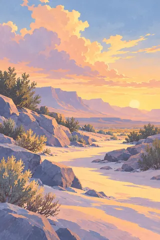 A desert wash with sparse scrub in blush, cream, sky blue, gray; portrait artwork.