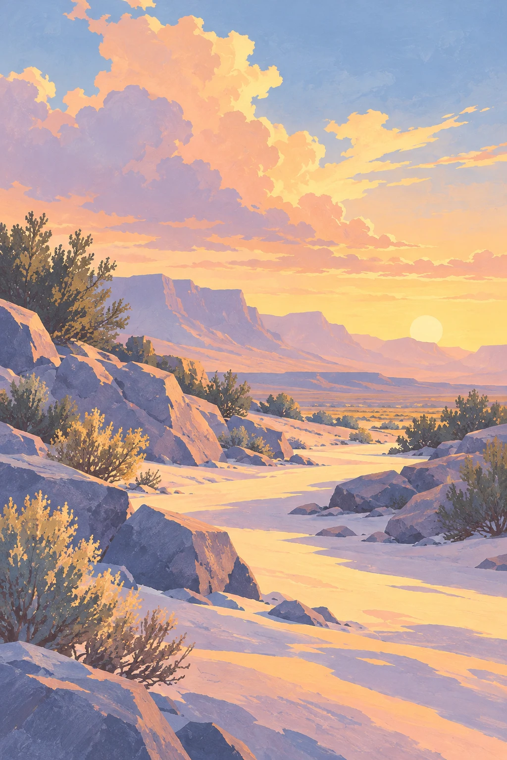 A desert wash with sparse scrub in blush, cream, sky blue, gray; portrait artwork.