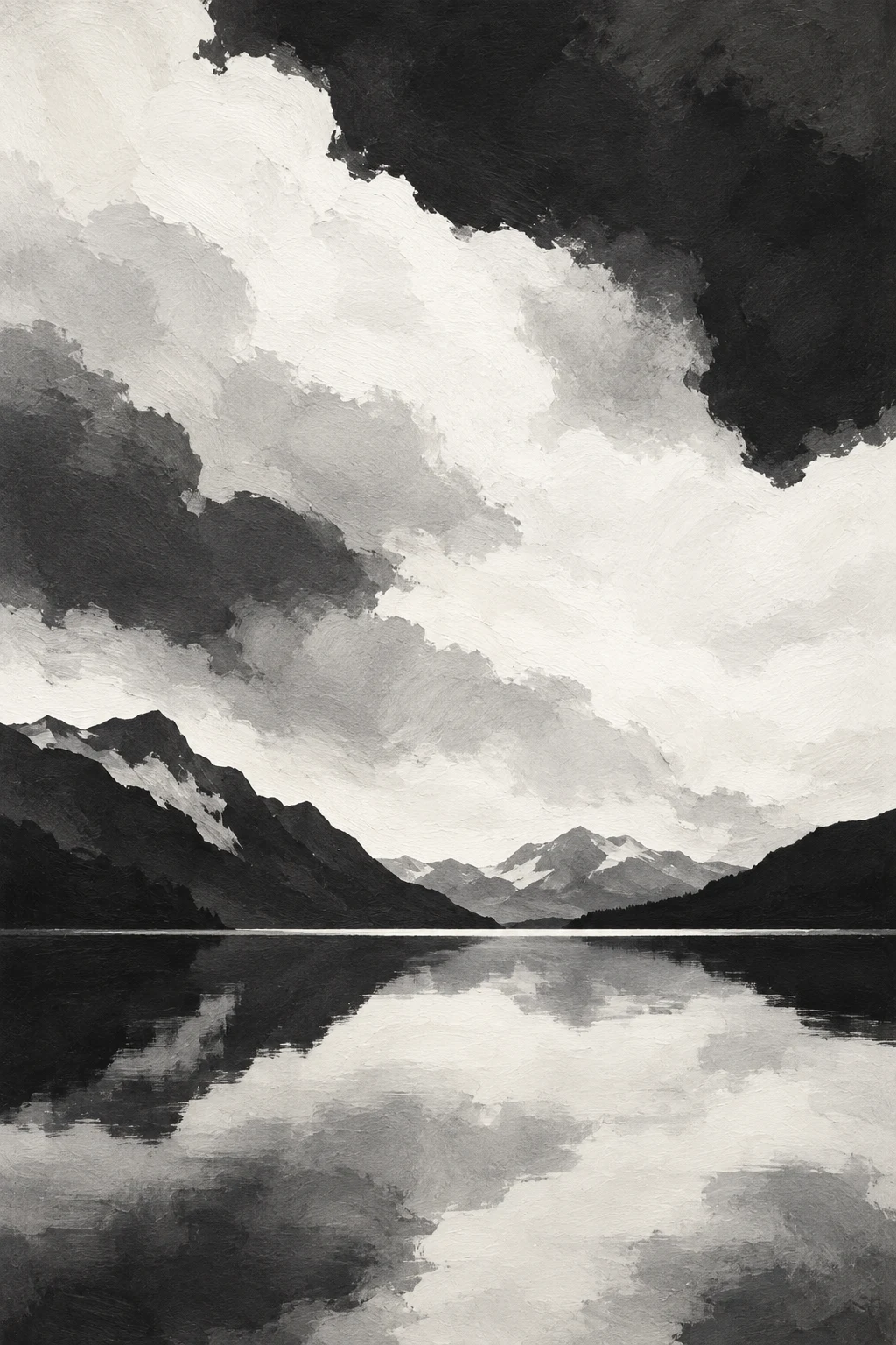 A mountain lake, perfectly still in black, cream, white, stone; portrait artwork.