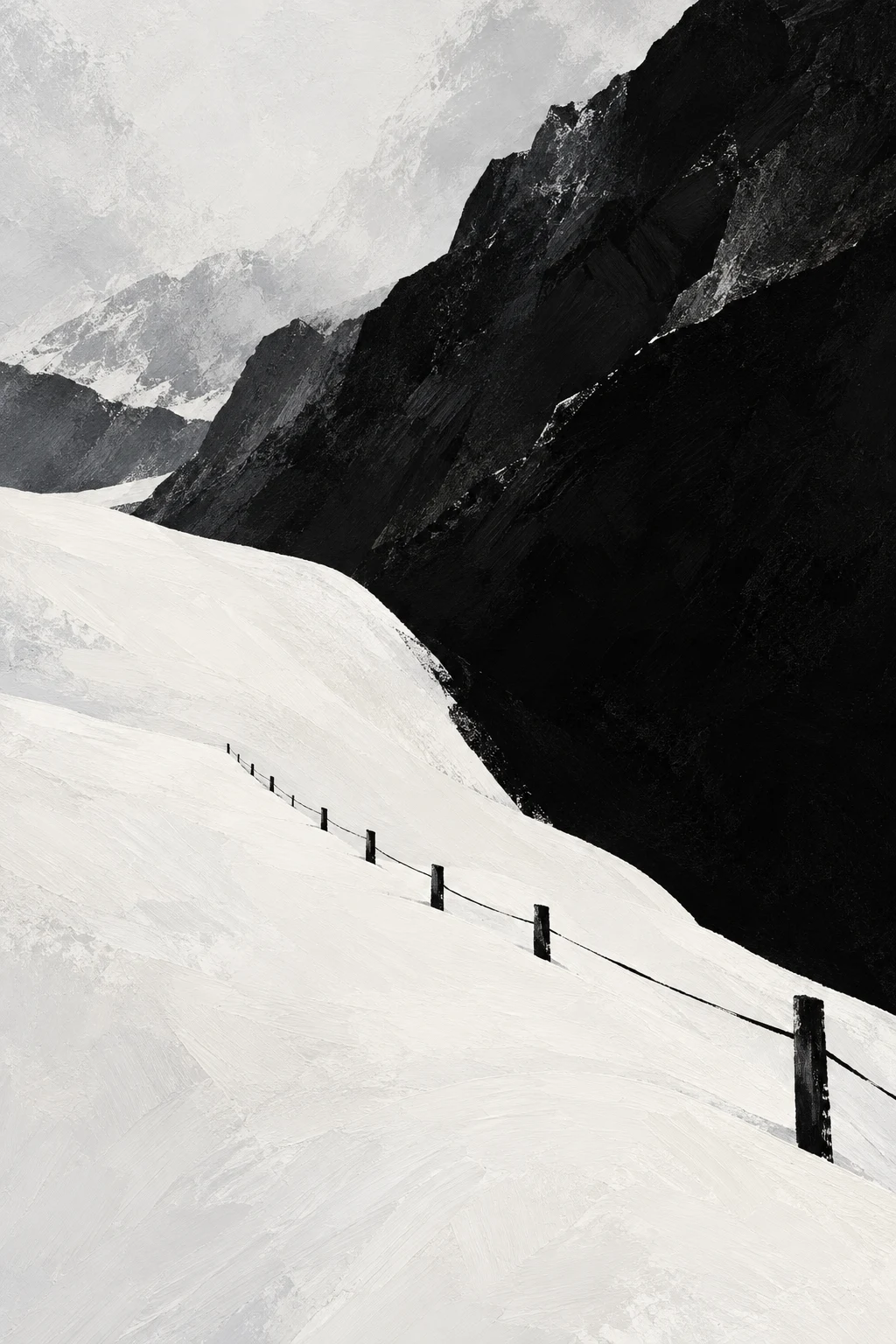 A snowfield with one dark fence line in cream, black, white, stone; portrait artwork.