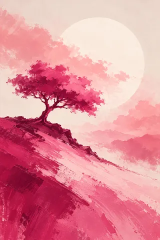 A lone tree on a bare hill in cream, blush, red, pink; portrait artwork.
