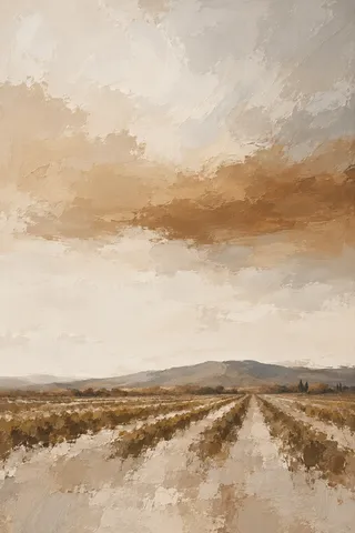 A vineyard's rows running to a distant ridge in cream, sand, stone, olive; portrait artwork.