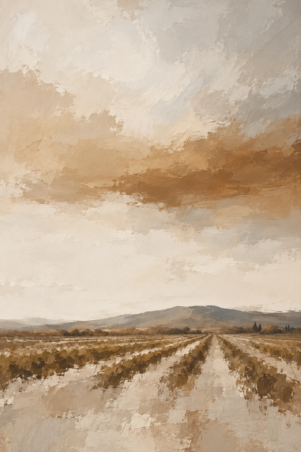 A vineyard's rows running to a distant ridge in cream, sand, stone, olive; portrait artwork.