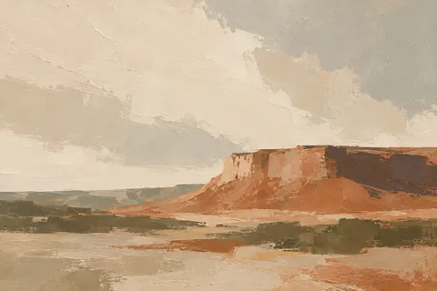 A red-rock mesa under an enormous sky in stone, cream, sand, ochre; landscape artwork.