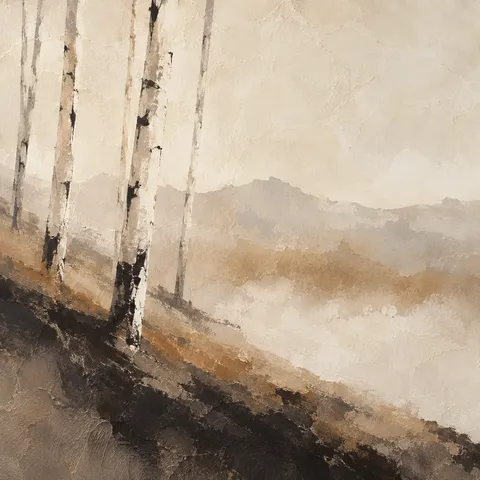 Aspen trunks on a steep hillside in cream, stone, charcoal, olive; square artwork.