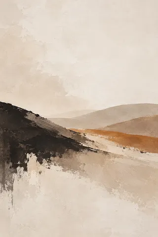 Rolling hills reduced to four flat curves in cream, sand, stone, brown; portrait artwork.