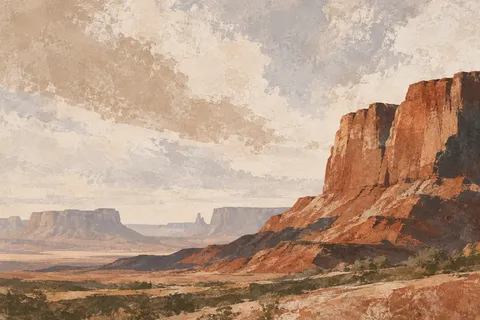 A red-rock mesa under an enormous sky in cream, stone, brown, sand; landscape artwork.