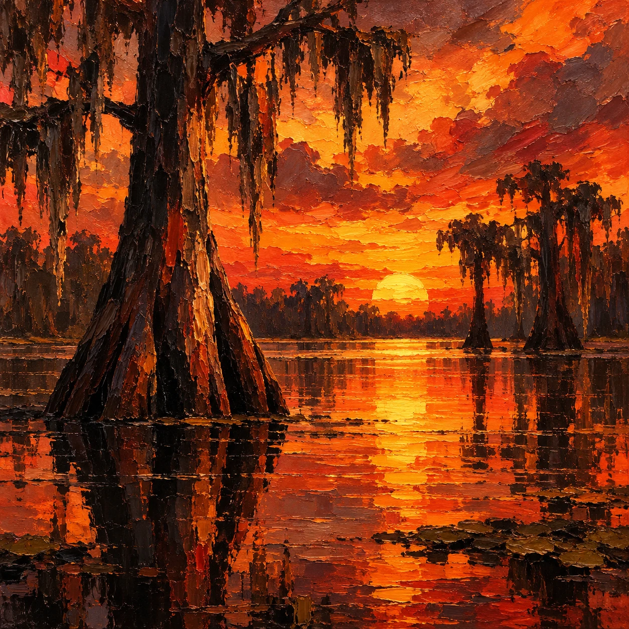 A cypress swamp in still water in burgundy, black, orange, red; square artwork.