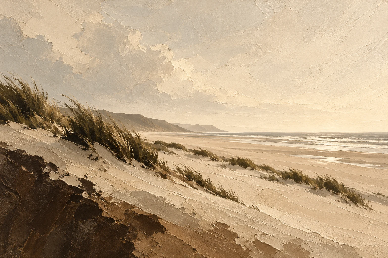 Dunes with beach grass under a bleached sky in cream, sand, stone, black; landscape artwork.