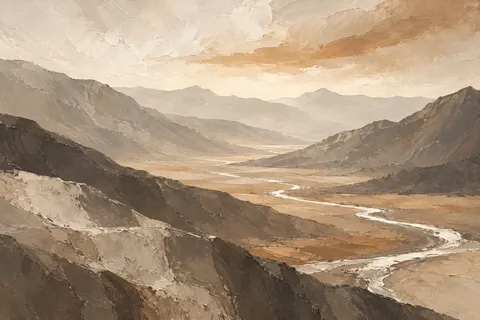 A valley floor with a thin silver river in cream, sage, olive, sand; landscape artwork.
