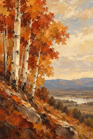 Aspen trunks on a steep hillside in terracotta, stone, cream, burgundy; portrait artwork.