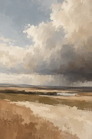 A prairie under a towering cloud bank in stone, taupe, cream, gray; portrait artwork.