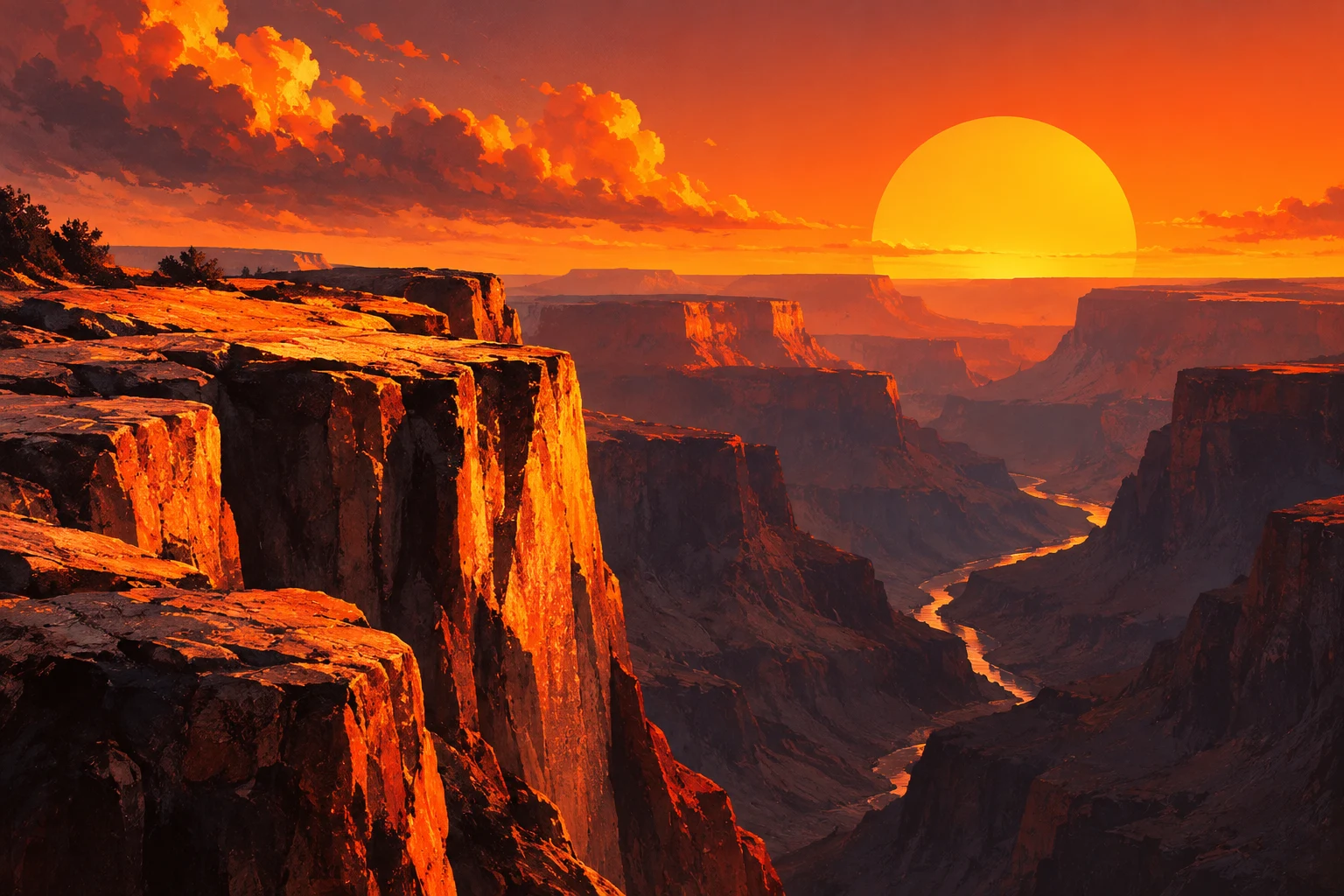 A canyon rim with a sliver of river far below in black, terracotta, rust, red; landscape artwork.