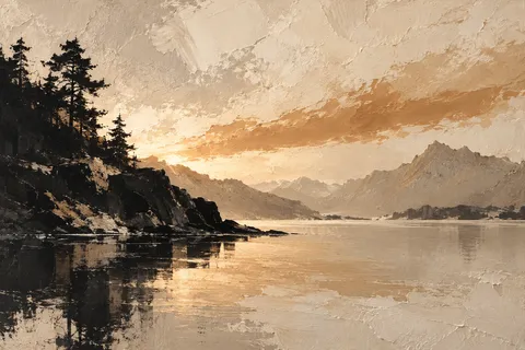 A dark tree line under a burning sky in sand, stone, black, sage; landscape artwork.
