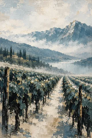 A vineyard's rows running to a distant ridge in cream, gray, charcoal, black; portrait artwork.