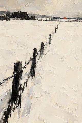 A snowfield with one dark fence line in cream, stone, charcoal; portrait artwork.