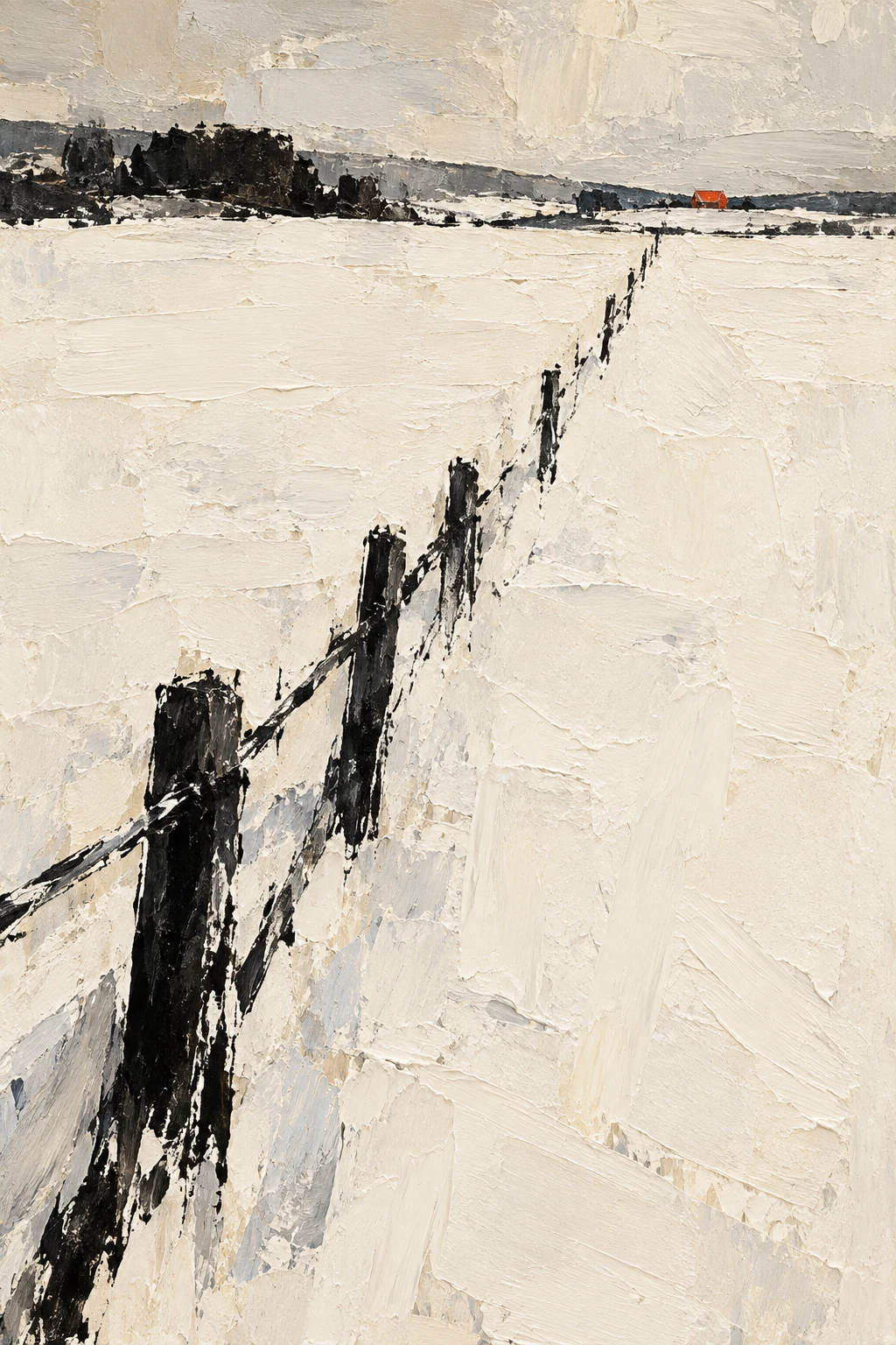 A snowfield with one dark fence line in cream, stone, charcoal; portrait artwork.
