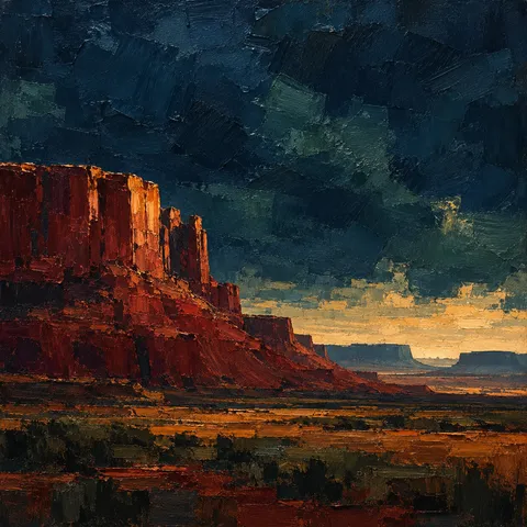 A red-rock mesa under an enormous sky in black, burgundy, taupe, charcoal; square artwork.