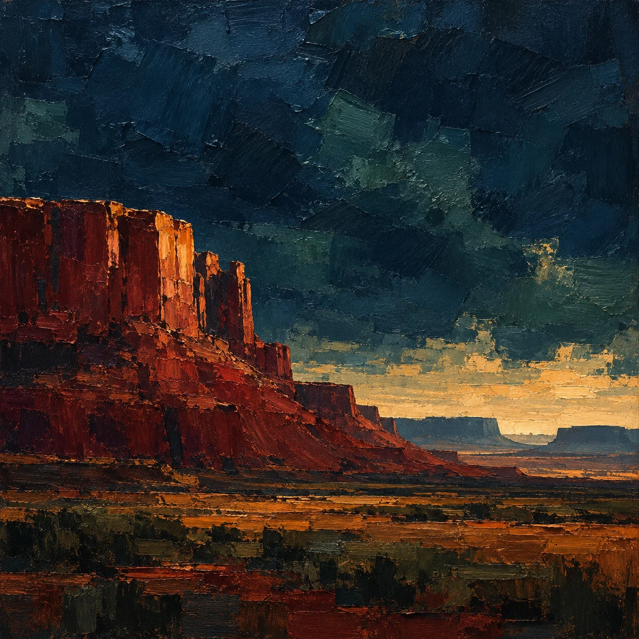 A red-rock mesa under an enormous sky in black, burgundy, taupe, charcoal; square artwork.