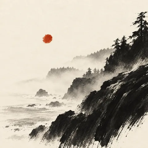 A foggy coastal tree line in white, cream, black, charcoal; square artwork.