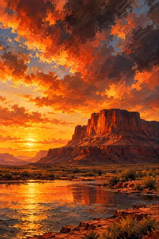 A red-rock mesa under an enormous sky in burgundy, rust, yellow, terracotta; portrait artwork.