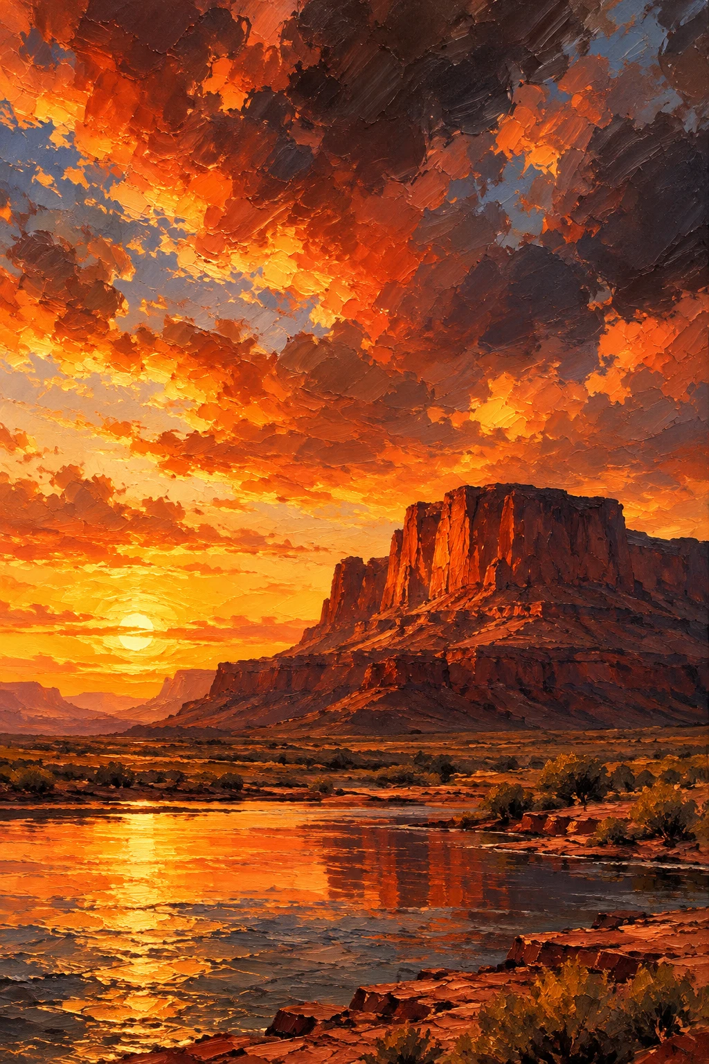 A red-rock mesa under an enormous sky in burgundy, rust, yellow, terracotta; portrait artwork.