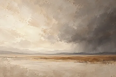 A wide plain with a distant storm wall in cream, stone, sand, taupe; landscape artwork.