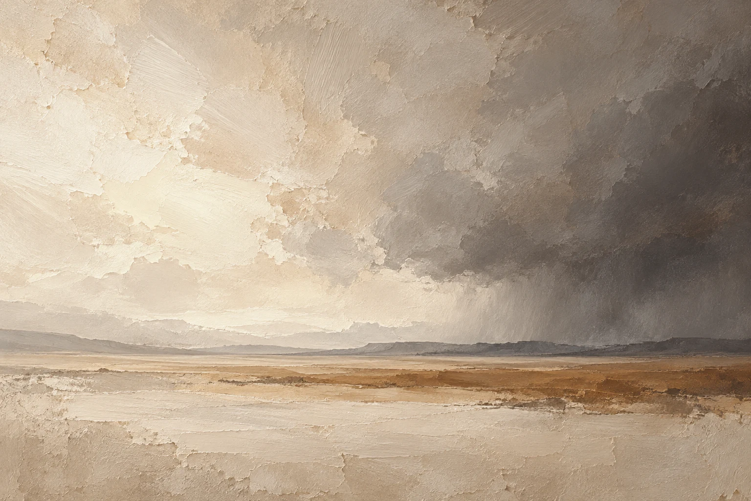 A wide plain with a distant storm wall in cream, stone, sand, taupe; landscape artwork.