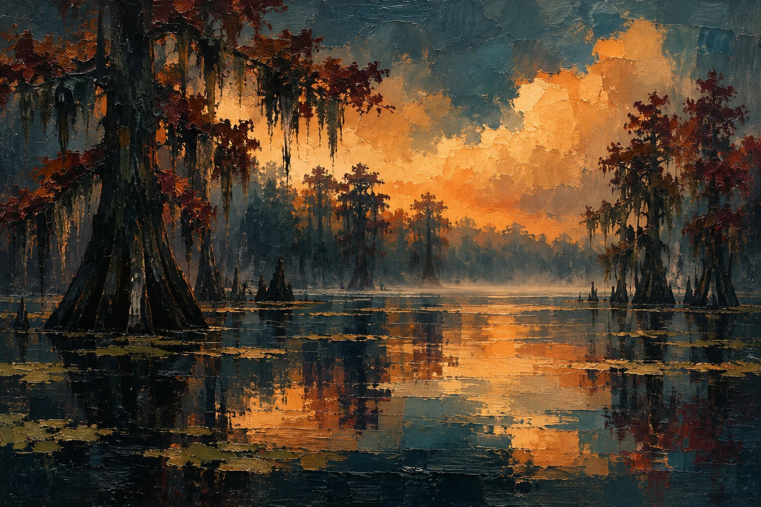 A cypress swamp in still water in black, charcoal, orange, burgundy; landscape artwork.