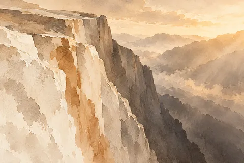 A cliff face dropping into shadow in cream, sand, stone, brown; landscape artwork.