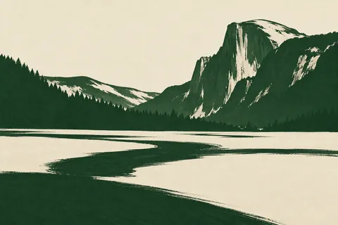 A meadow below a granite peak in cream, forest green, olive; landscape artwork.