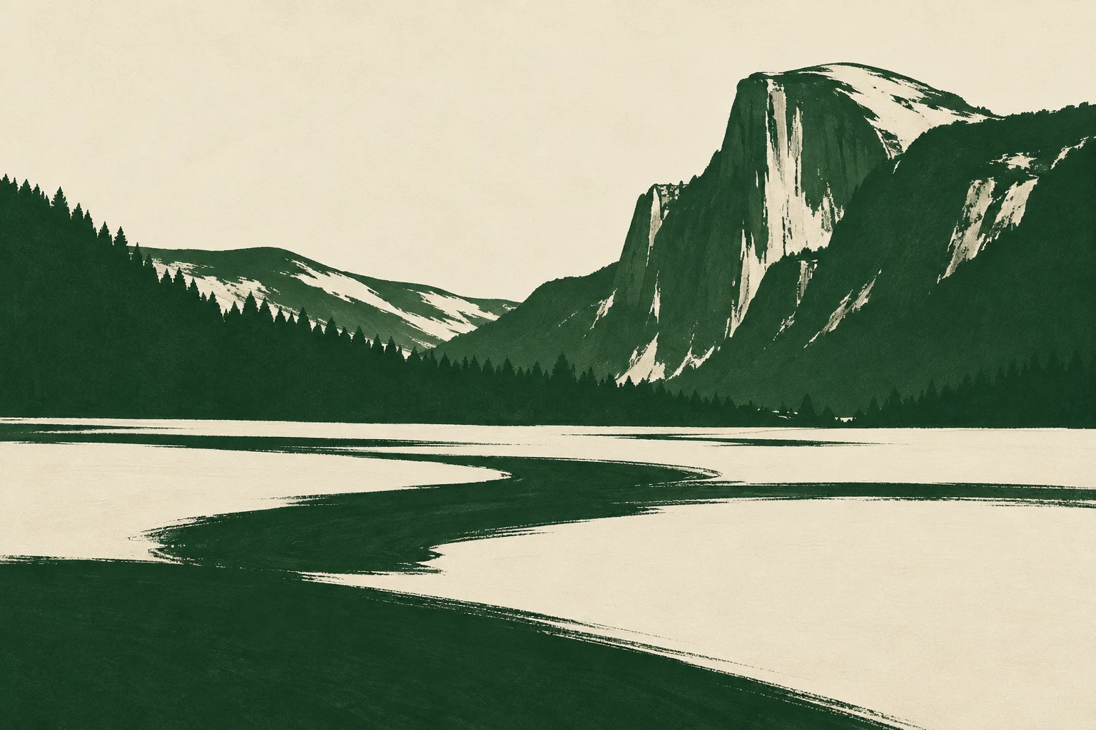 A meadow below a granite peak in cream, forest green, olive; landscape artwork.