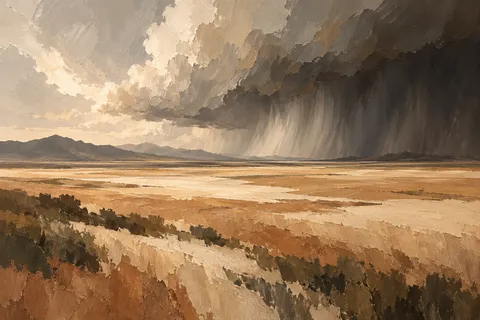 A wide plain with a distant storm wall in sand, blush, brown, terracotta; landscape artwork.