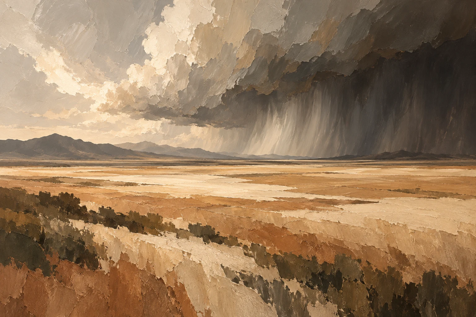 A wide plain with a distant storm wall in sand, blush, brown, terracotta; landscape artwork.