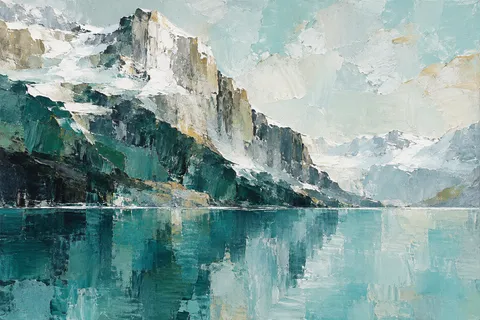 A mountain lake, perfectly still in cream, sky blue, teal, stone; landscape artwork.