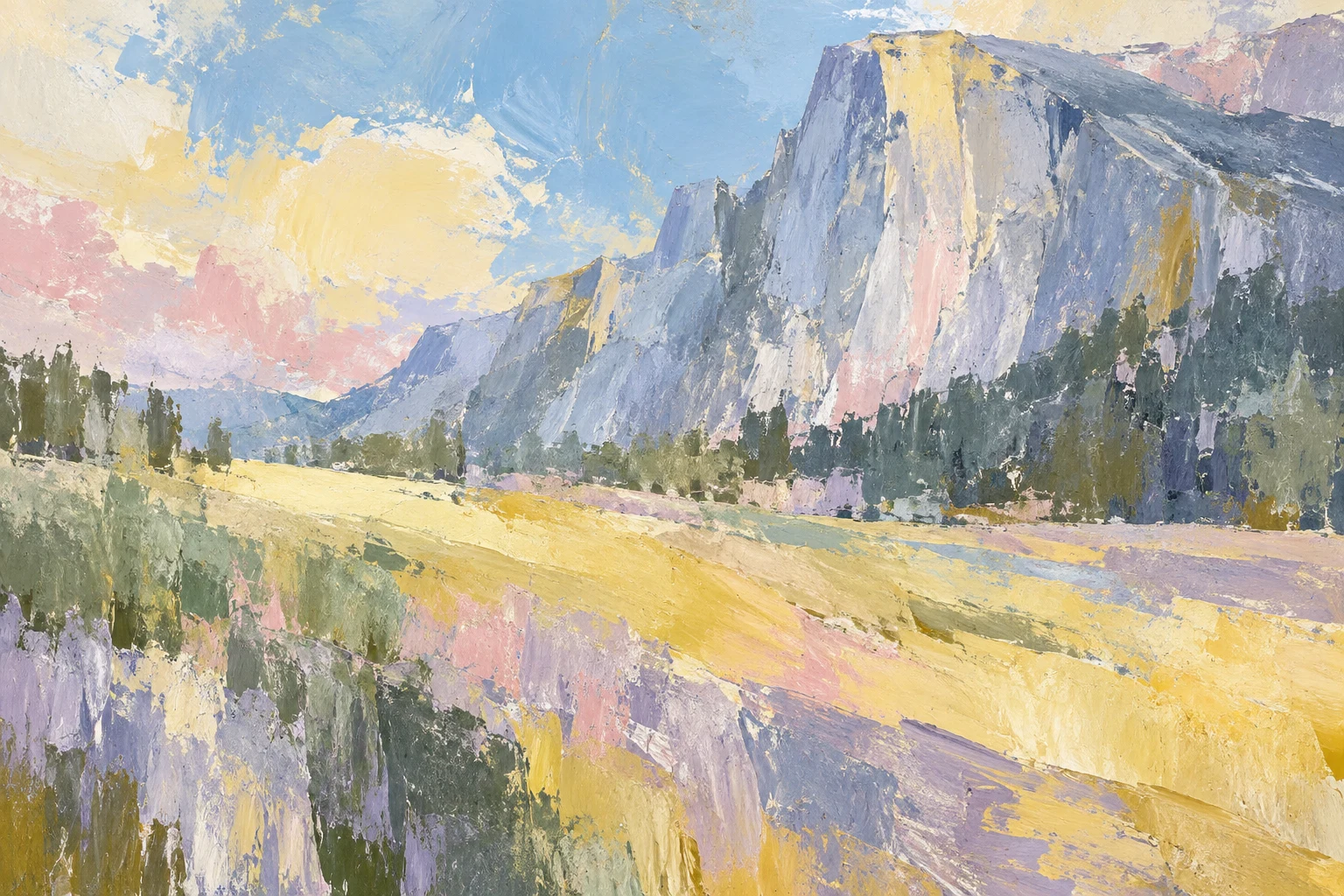 A meadow below a granite peak in stone, cream, gray, sky blue; landscape artwork.
