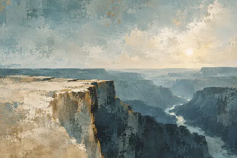 A canyon rim with a sliver of river far below in gray, stone, forest green, cream; landscape artwork.