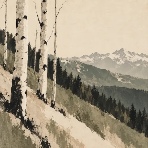 Aspen trunks on a steep hillside in cream, taupe, stone, charcoal; square artwork.