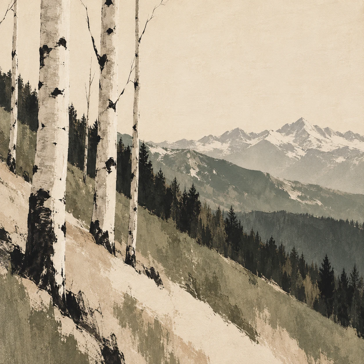 Aspen trunks on a steep hillside in cream, taupe, stone, charcoal; square artwork.