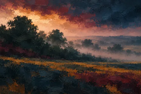 A hedgerow line dissolving in mist in black, charcoal, olive, brown; landscape artwork.