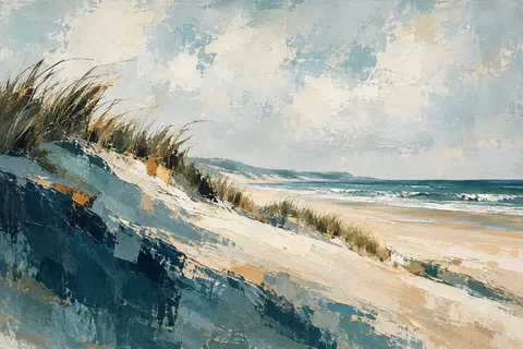 Dunes with beach grass under a bleached sky in cream, stone, olive, navy; landscape artwork.