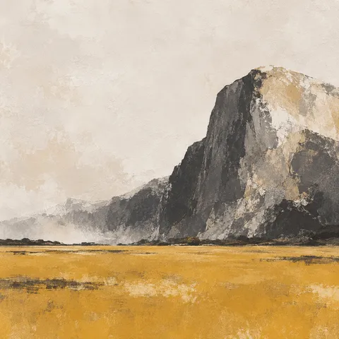 A meadow below a granite peak in cream, sand, charcoal, stone; square artwork.