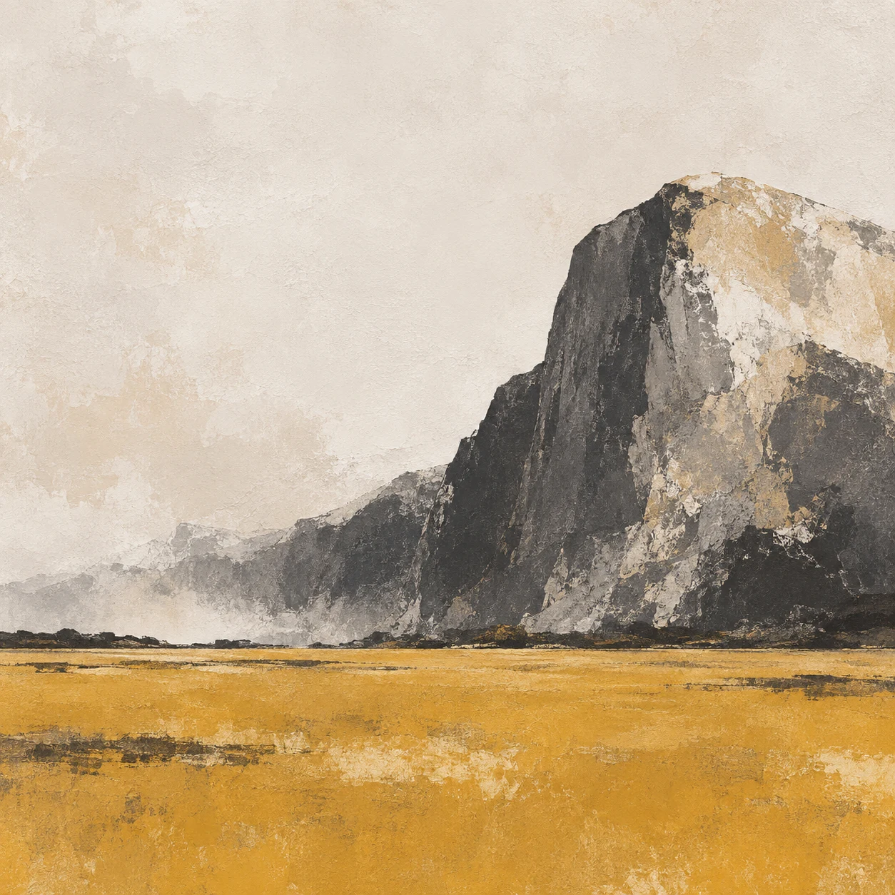 A meadow below a granite peak in cream, sand, charcoal, stone; square artwork.