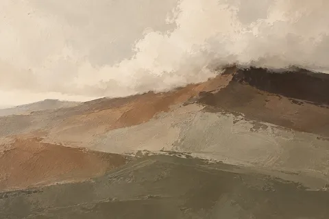 A volcanic slope under low cloud in olive, cream, sage, taupe; landscape artwork.