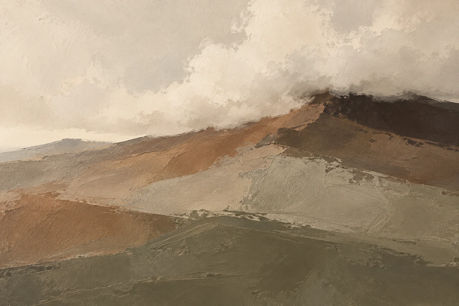 A volcanic slope under low cloud in olive, cream, sage, taupe; landscape artwork.