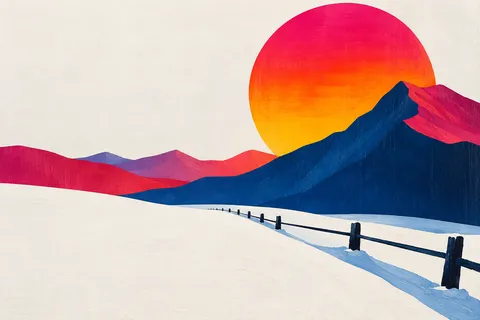 A snowfield with one dark fence line in white, red, cream, navy; landscape artwork.