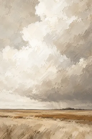 A prairie under a towering cloud bank in stone, sand, cream, white; portrait artwork.